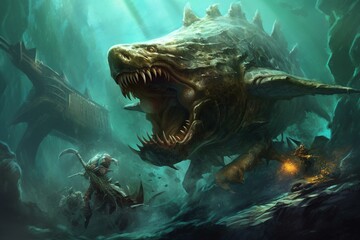 An artwork depicting a massive aquatic predator launching a brutal assault underwater. Generative AI - obrazy, fototapety, plakaty