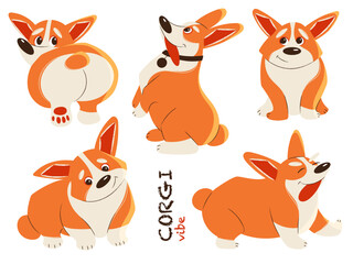 Fototapeta premium Adorable cartoon-style illustration of a corgi dog in different playful and funny poses. Ideal for pet lovers, dog-related designs, and merchandise