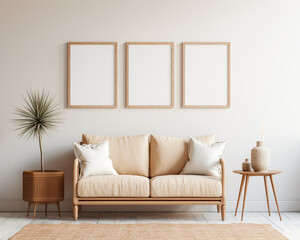 Set of 3 wooden frame mockups, 3 mockups for wall art standing on the living room wall, 3d rendering