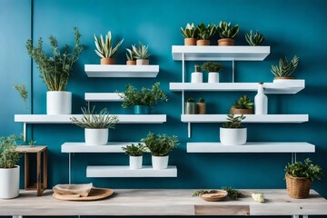 White shelves with decorative potted green plants and vase with dried flowers on blue colored wall in light room