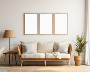 Set of 3 wooden frame mockups, 3 mockups for wall art standing on the living room wall, 3d rendering