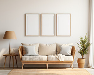 Set of 3 wooden frame mockups, 3 mockups for wall art standing on the living room wall, 3d rendering
