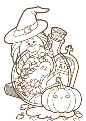 Spooky terrarium with a ghost inside for halloween with a magician hedgehog and a pumpkin - Illustration for kids books, gift cards, coloring book, outlines  - Kawaii style 