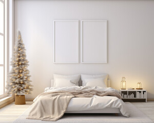 Fototapeta na wymiar Set of 2 frame mockup, bedroom, 2 piece poster frame mockup standing on the bedroom wall decorated for Christmas celebration, 3D rendering