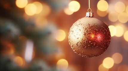 Christmas Tree Gold Ball Bokeh Lights Abstract Background Festive Holiday Decor Concept