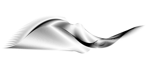 An abstract vector illustration, Dynamic particle waves in a halftone gradient create a flowing dot curve on a white canvas, embodying technology, sound, music, and contemporary aesthetics.