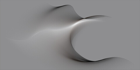 An abstract vector illustration, 3D curve formed by flowing dot particles against a steel gray background, designed to evoke a technology-themed ambiance.