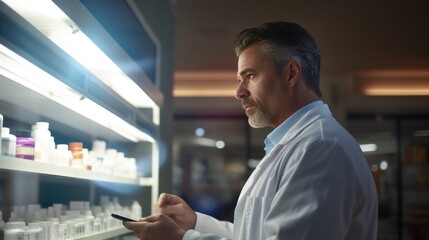 Male pharmacist checking medicine in shelf at modern drug store.