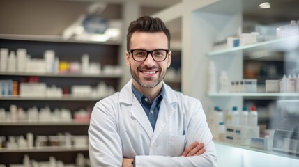 Portrait of male pharmacist standing on counter at modern drugstore.