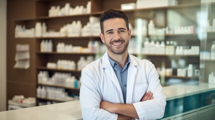 Fototapeta na wymiar Portrait of male pharmacist standing on counter at modern drugstore.