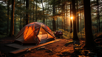 Relaxation day, traveling and setting up a tent in the forest. There is a comfortable atmosphere.