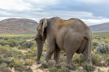 Fototapeta na wymiar African elephant walking through a grassy savanna in a natural outdoor habitat.