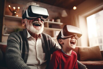 Stylish modern happy grandfather and grandson playing together exciting interesting video games using virtual reality headsets and gamepads at cozy home.