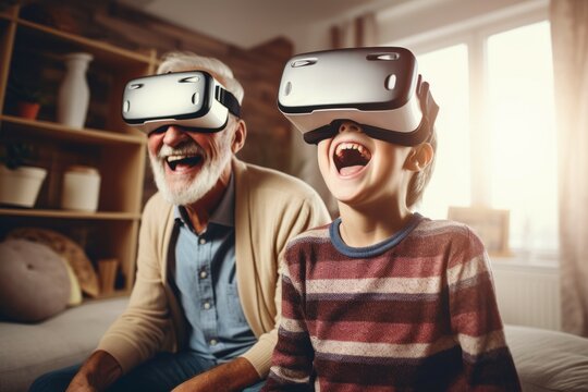 Stylish modern happy grandfather and grandson playing together exciting interesting video games using virtual reality headsets and gamepads at cozy home. - Powered by Adobe