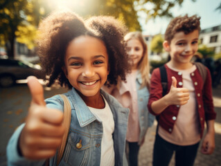 Smiling children giving thumbs up outdoors.