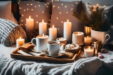 Winter homely scene, scandinavian style. Warm knit sweater, candles, cup of sweet cocoa with marshmallows and other decor on tray in bed. Wooden craft letters Welcome Home. Lazy cold