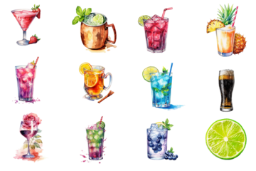Watercolor cocktail drinks set on white background. Watercolor painting daily routine objects. Hand drawn colorful Sublimation design,white background