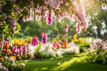 Obraz premium beautiful flowers spring theme swing in garden