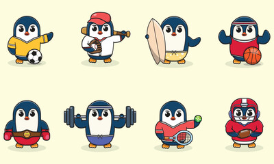 Set of Penguin wearing uniform and using sports equipment. Funny animals doing exercis. Cute cartoon character vector set isolated on a white background. Cartoon animal sport. Penguin cartoon. 