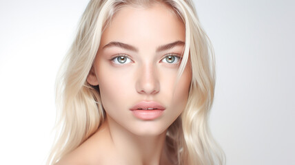 Fototapeta premium Face, beauty and satisfaction with a model beautiful blonde woman in studio on a white background to promote natural skincare.