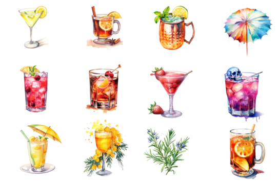 Watercolor cocktail drinks set on white background. Watercolor painting daily routine objects. Hand drawn colorful Sublimation design,white background