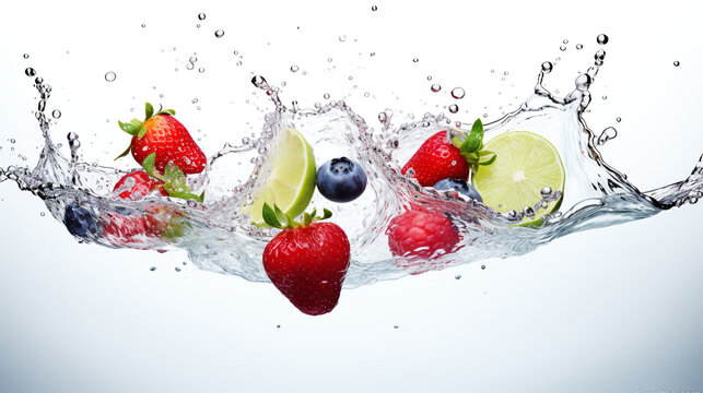 Fresh fruits with water splash. White background with stylish wallpaper design  