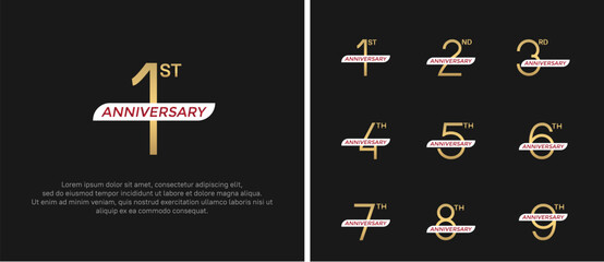 set of anniversary logo gold color and white ribbon on black background for celebration moment