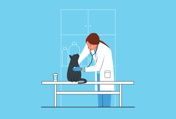 Pet Cat Looking at Veterinarian Checking Cat's Heartbeat with Stethoscope On Table In Veterinary Hospital Care Facility, Clinic, Check-Up, Visit