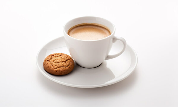 A white cup of coffee on a white background with oatmeal cookies