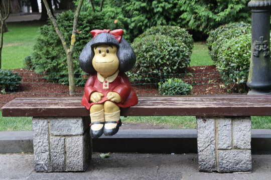 OVIEDO, SPAIN - JULY 26, 2023: Sculpture of Mafalda, cartoon character, in Oviedo
