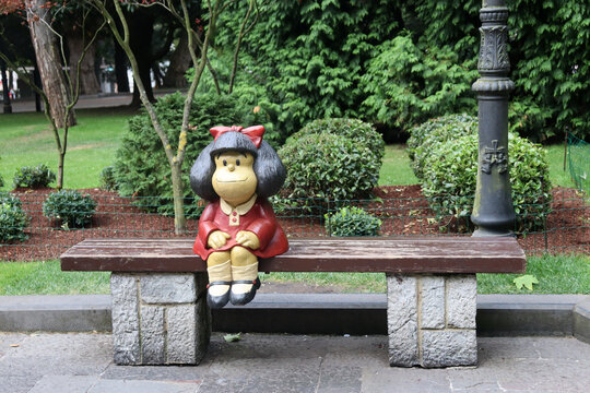 OVIEDO, SPAIN - JULY 26, 2023: Sculpture of Mafalda, cartoon character, in Oviedo