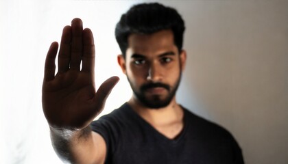 Human Rights Day Concept: Man with his hand extended signaling to stop useful to campaign against violence, gender or racial, discrimination - obrazy, fototapety, plakaty