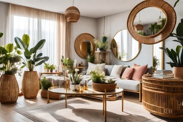 Sunny boho interiors of apartment with mirror, dressing table, furnitures, flowers, plants, rattan box, books, sculpture, macrame and design accessories. Stylish home decor of open space. Template.