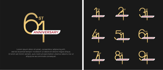 set of anniversary logo gold color and white ribbon on black background for celebration moment