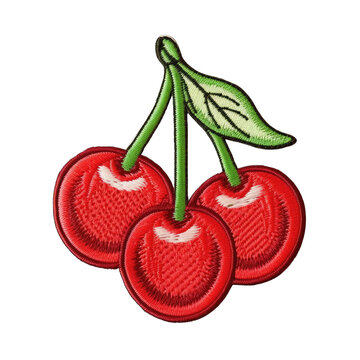 Cherry embroidery patch isolated on transparent background. Fruit decoration for fashionable girls