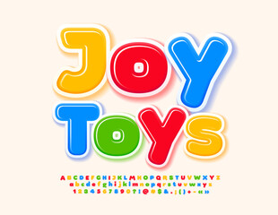 Vector bright banner Joy Toys with colorful Alphabet Letters, Numbers and Symbols. Creative playful Font