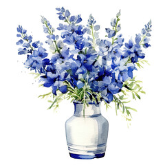 Bouquet of Blue Delphinium in vase, minimal style, watercolor