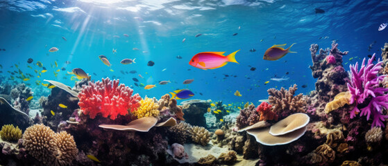 Naklejka na ściany i meble Underwater ocean with marine life and colorful fish
