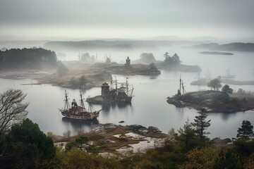 A misty island with abandoned ships, representing maritime adventure in medieval times. Generative AI