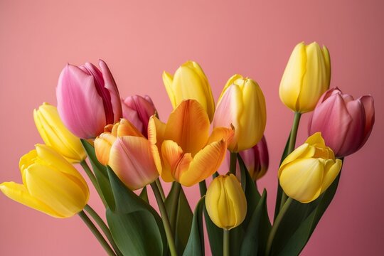 Tulips in pink and yellow on a pink backdrop. Generative AI