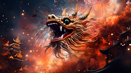 Fireworks in Asian New Year with Dragon. Generated AI