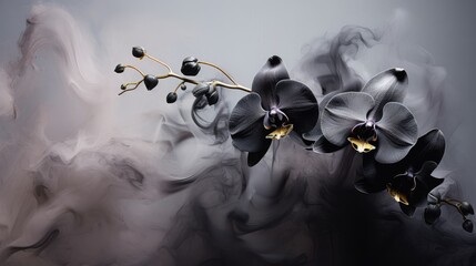  a black and white photo of a flower on a branch with smoke in the background and a black and white photo of a flower in the foreground.  generative ai