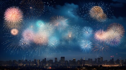 Obraz premium Fireworks on night city. Generated AI