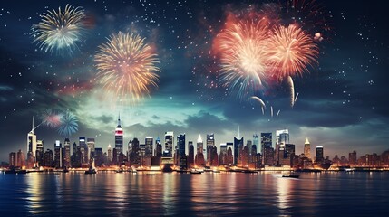 Fototapeta na wymiar Fireworks on night city. Generated AI