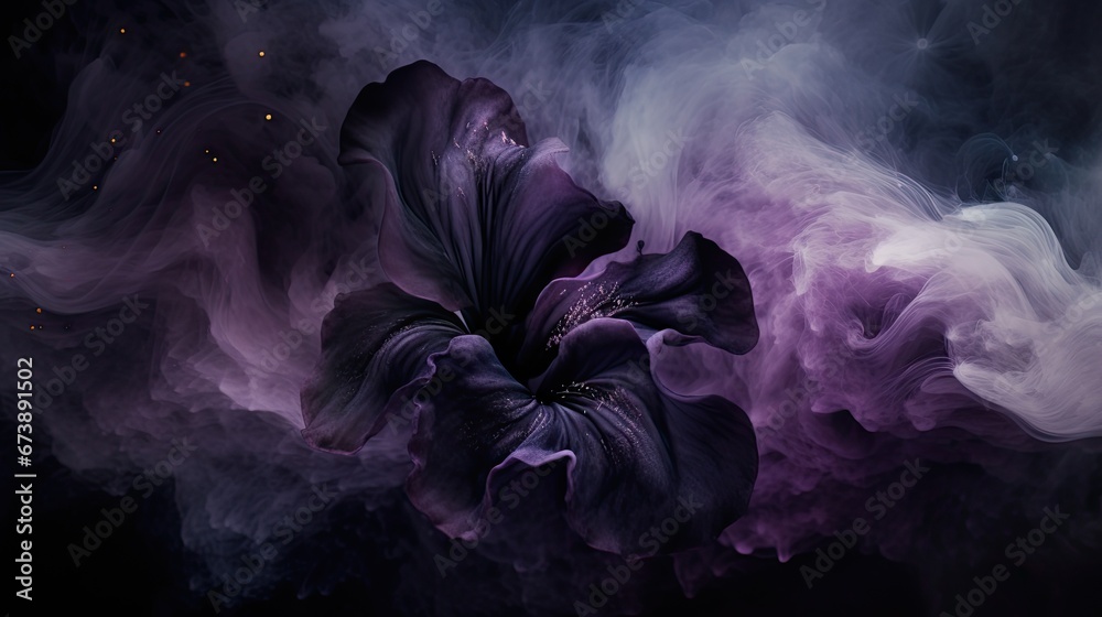 Wall mural a black and purple flower is in the middle of a cloud of smoke that is swirling in the shape of a fl