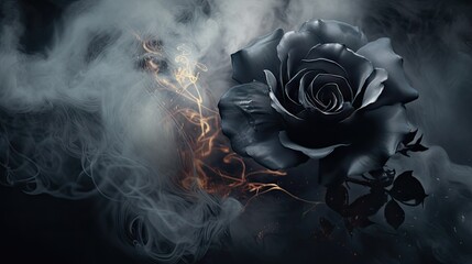  a black rose on a black background surrounded by white smoke and a black rose on a black background surrounded by white smoke and a black rose.  generative ai