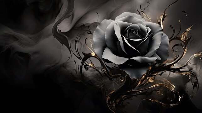 a black and white rose with gold swirls on it's stem and a black background with a white rose on it's stem.  generative ai