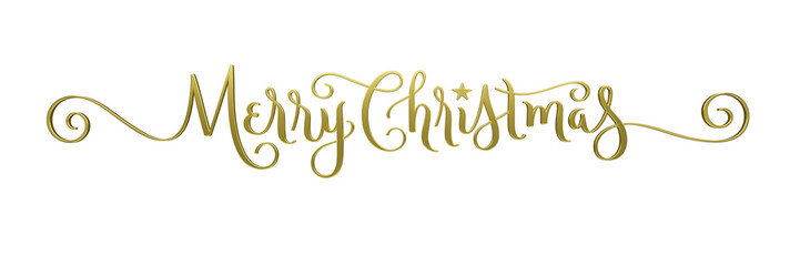 3D render of wide MERRY CHRISTMAS metallic gold brush calligraphy banner on transparent background - obrazy, fototapety, plakaty