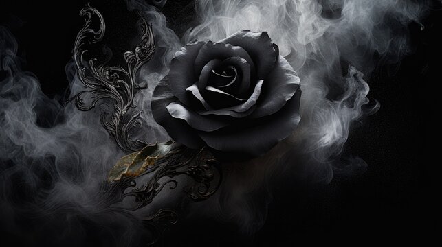  a black rose on a black background with white smoke and a black rose on a black background with white smoke and a black rose on a black background.  generative ai