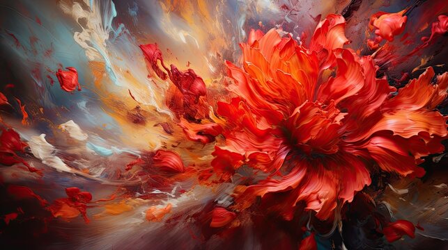  a painting of a large red flower on a black and white background with red and orange flowers in the center of the painting.  generative ai